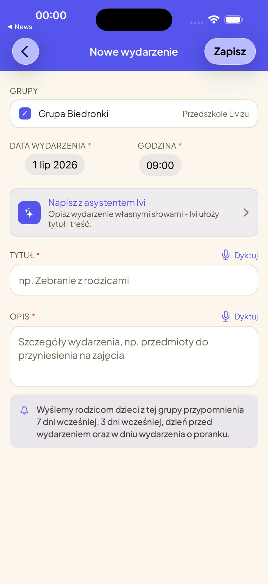 Ekran aplikacji LIVIZU – tworzenie wydarzenia z asystentem AI