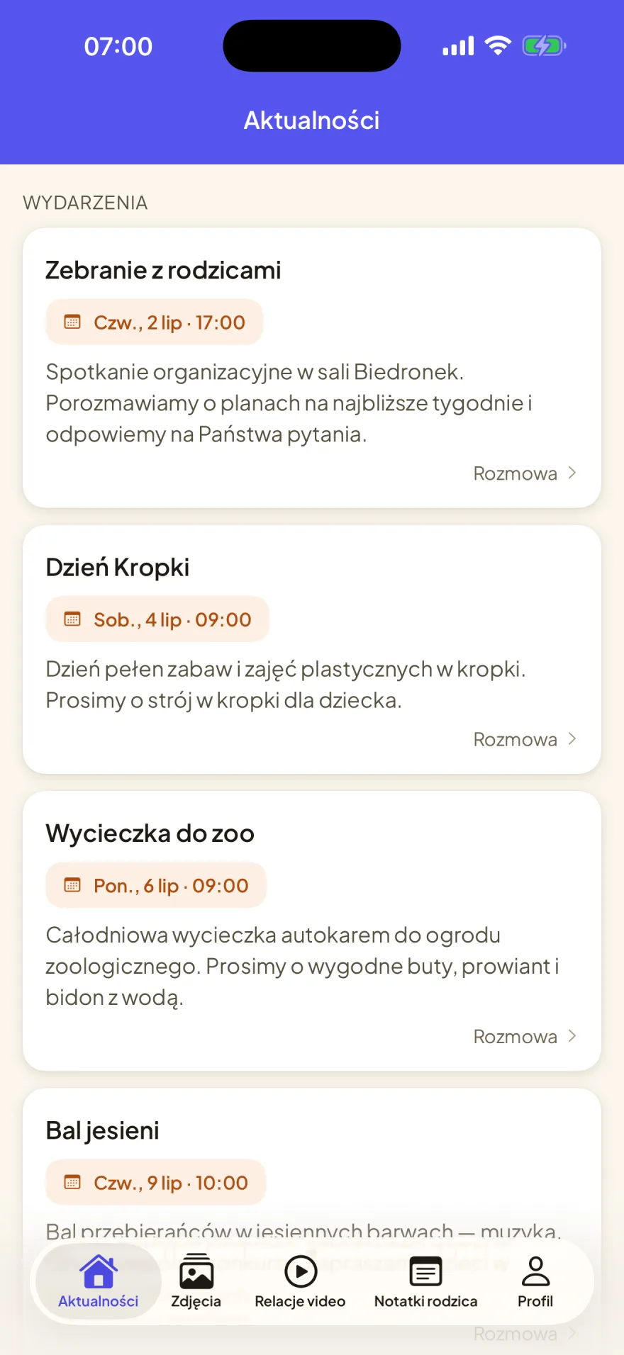 Ekran aplikacji LIVIZU – Aktualności