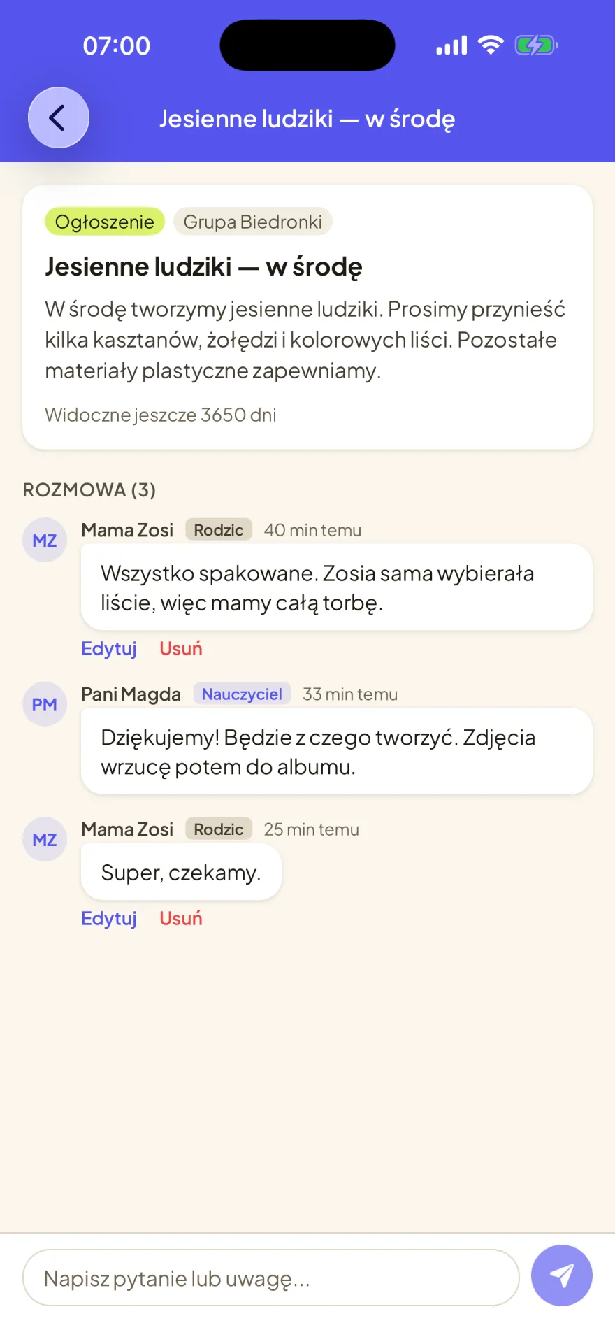 Ekran aplikacji LIVIZU – rozmowa rodzica z nauczycielem przy ogłoszeniu